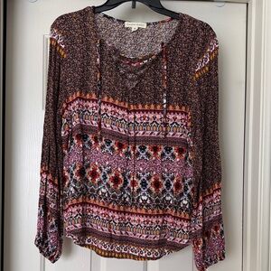 Farmers Market Brown Multi-Print Boho Tie-Neck Blouse
